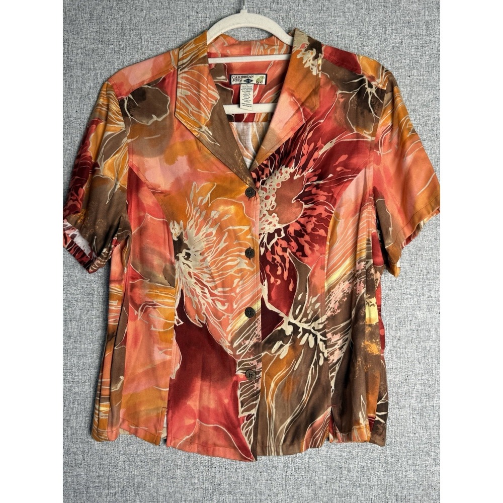Caribbean Joe Floral Button-Down Shirt in Rust, Brown & Cream Silk